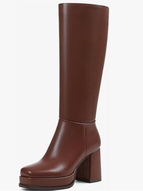 Brown Platform Knee-High Block Heel Boots